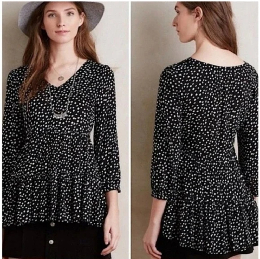 {Maeve} Anthropologie Dot Peplum 3/4 Sleeve Black White Blouse Top Small
